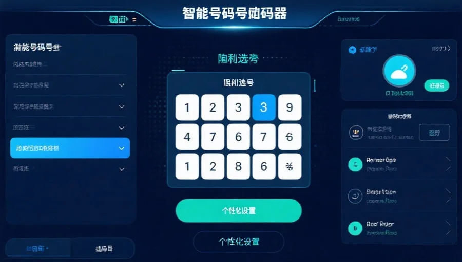 一个智能号码生成器界面，包含随机选号按钮和个性化设置选项，界面科技感十足